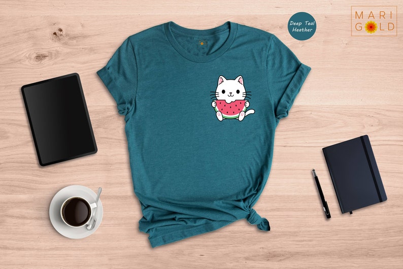 Cute Cat Watermelon Shirt, Watermelon Pocket, Cat Pocket Shirt, Watermelon Pocket Tee, Japanese Watermelon Shirt image 4