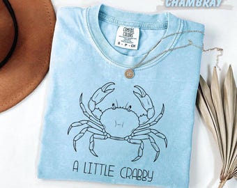 Comfort Colors™ A Little Crabby Shirt, Funny Crab Line Art Tee, Sarcastic Beach Shirt, Ocean Lover Gift, Garment Dyed Summer T-Shirt