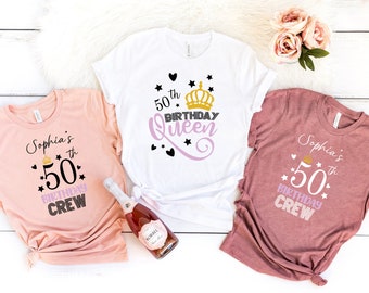 Custom Birthday Queen And Crew Shirt, Personalized 50th Birthday Queen T-Shirt, Birthday Queen Your Name On Shirt, Birthday Crew T-Shirt