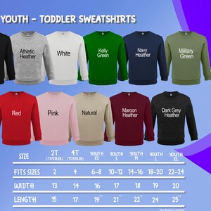 a collection of youth and toddler sweatshirts in various colors and sizes, arranged in a grid format.