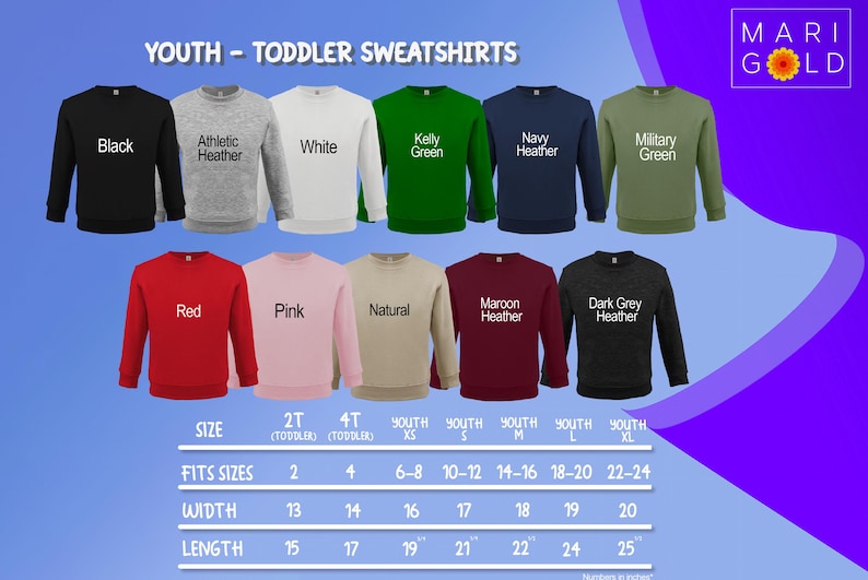 a collection of youth and toddler sweatshirts in various colors and sizes, arranged in a grid format.
