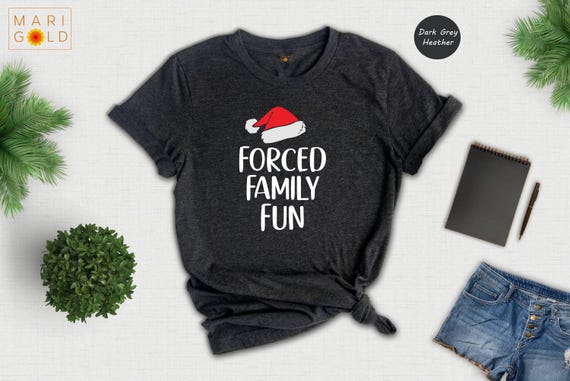 Sarcastic Christmas Family Tee: 'Forced Family Fun' Santa Hat Shirt