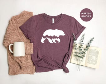 Bear Mountain Silhouette Shirt, Forest Nature Tee, Camping Gift for Hikers, Minimalist Wildlife T-Shirt