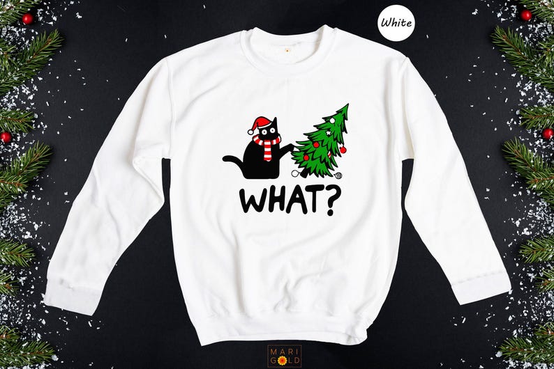 Funny Black Cat Christmas T-Shirt, What? image 8
