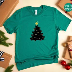 Black Cat Christmas Tree Shirt, Funny Cat Lover Holiday Tee, Cute Cat Mom Xmas Gift, Black Cats Stacked Tree Shirt