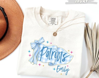 Comfort Colors® Custom Patriots Shirt Personalized Name Coquette Bow Blue Plaid Spirit Tee Gift