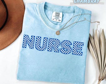 Comfort Colors®  Nurse Checkered T-Shirt Retro Blue Checker Pattern Nursing Gift Tee RN Nurse Life Shirt