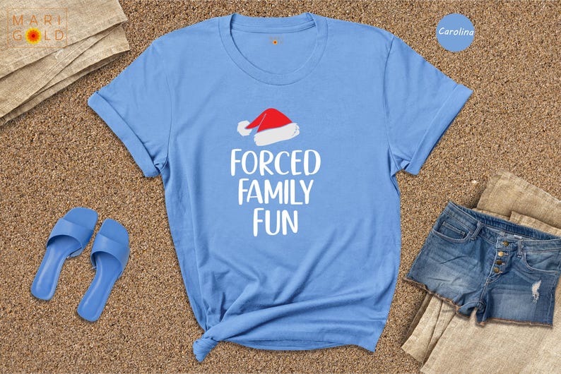 Sarcastic Christmas Family Tee: 'Forced Family Fun' Santa Hat Shirt image 6