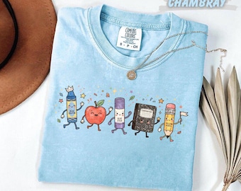 Comfort Colors®  Teacher School Supplies Dancing T-Shirt Cute Apple Pencil Book Back to School Tee Gift for Teacher