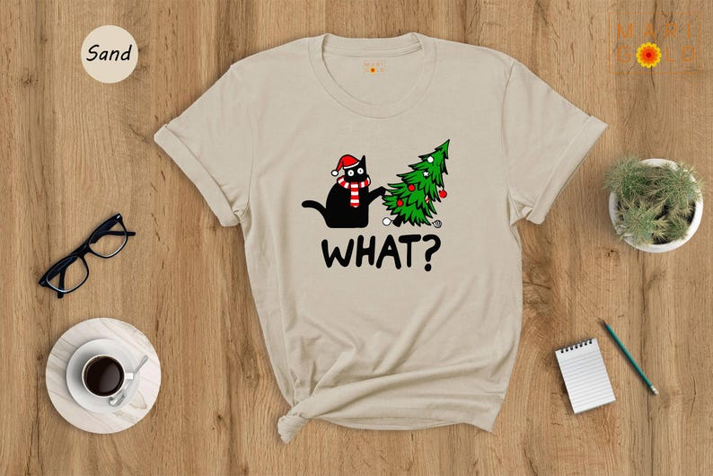 Funny Black Cat Christmas T-Shirt, What? image 5