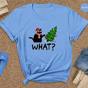 Funny Black Cat Christmas T-Shirt, What? image 3