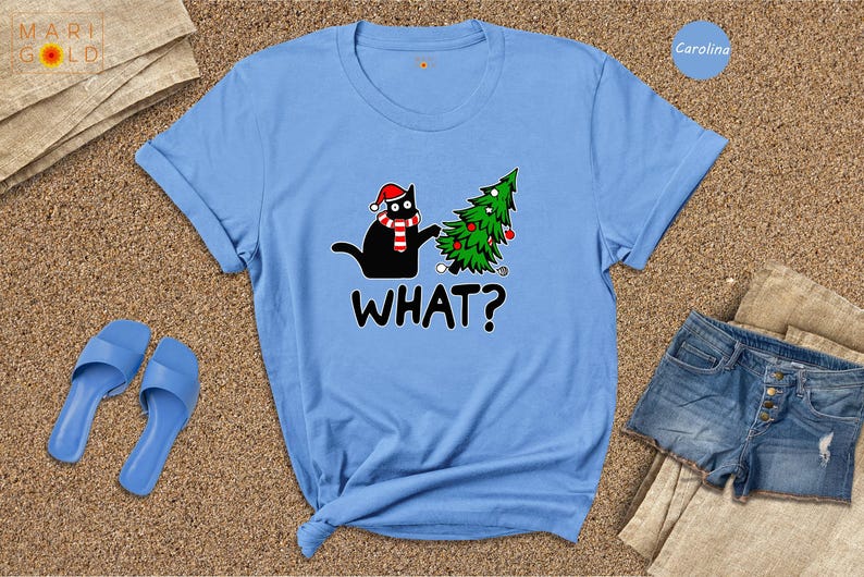 Funny Black Cat Christmas T-Shirt, What? image 3