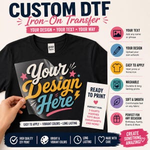 May include: A black t-shirt featuring a custom DTF iron-on transfer with the text Your Design Here in yellow and blue script. The graphic includes pink stars and a yellow lightning bolt. The image displays product features like easy to apply, washable, and soft and smooth, alongside a ready to print label.