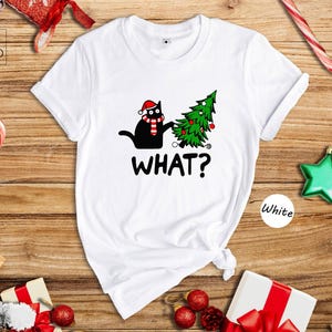 Funny Black Cat Christmas T-Shirt, What?