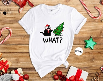Funny Black Cat Christmas T-Shirt, What?
