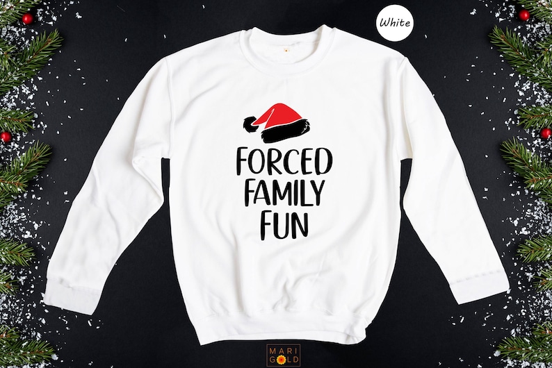 Sarcastic Christmas Family Tee: 'Forced Family Fun' Santa Hat Shirt image 8