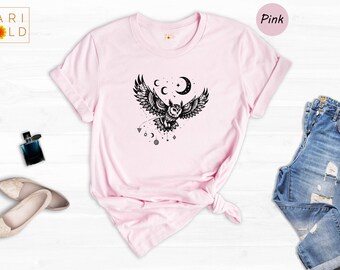 Mystic Owl Moon Shirt, Celestial Boho Witchy Tee, Spiritual Lunar Graphic T-Shirt Gift