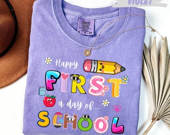 Comfort Colors™ Happy First Day of School Shirt, Cute Pencil Graphic Tee, Back to School Gift