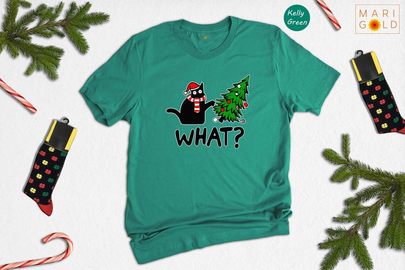 Funny Black Cat Christmas T-Shirt, What? image 6