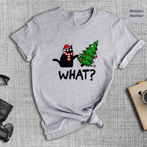 Funny Black Cat Christmas T-Shirt, What? image 2