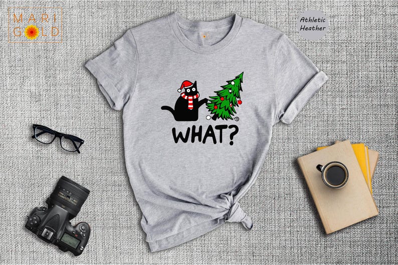 Funny Black Cat Christmas T-Shirt, What? image 2