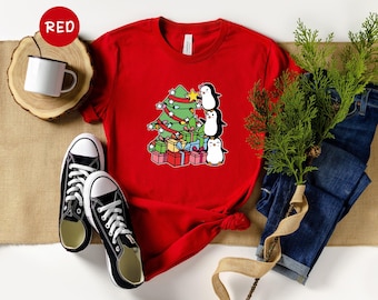Christmas Tree Penguin Shirt, Cute Christmas Tee, Christmas Gift, Penguin In Santa Hat, Cute Penguin T-Shirt, Christmas Tree Tee