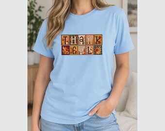 Thankful Fall T-Shirt, Autumn Harvest Lettering Shirt for Thanksgiving