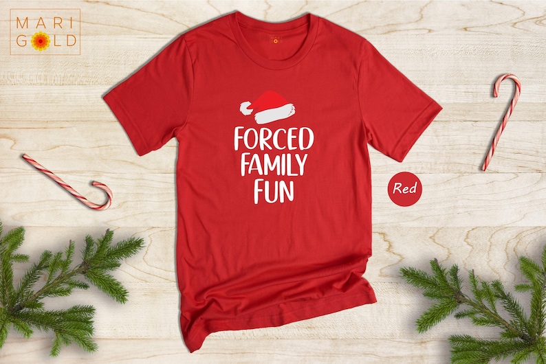Sarcastic Christmas Family Tee: 'Forced Family Fun' Santa Hat Shirt image 3