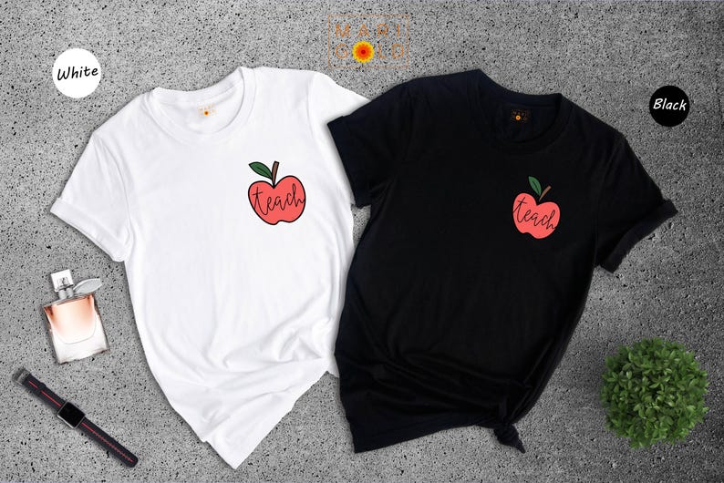Teach Apple Pocket Shirt, Cute Teacher Gift Tee, Minimalist Apple Graphic T-Shirt, Back to School Shirt for Teachers bild 1
