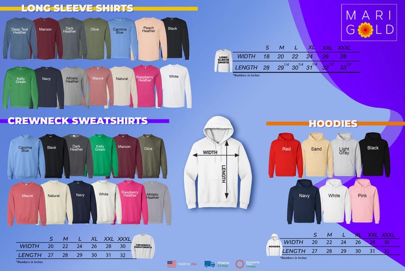 The image is a collage of various long sleeve shirts and crew neck sweatshirts, showcasing different colors and styles. The image includes a variety of sizes and widths, as well as different lengths and hooded designs. The image does not contain any text that can be described in fewer than 500 characters, and it does not include any phrases like 'The image depicts', 'The image displays', 'The image shows', 'In the image', 'The image captures', 'The image features', or similar phrases.
