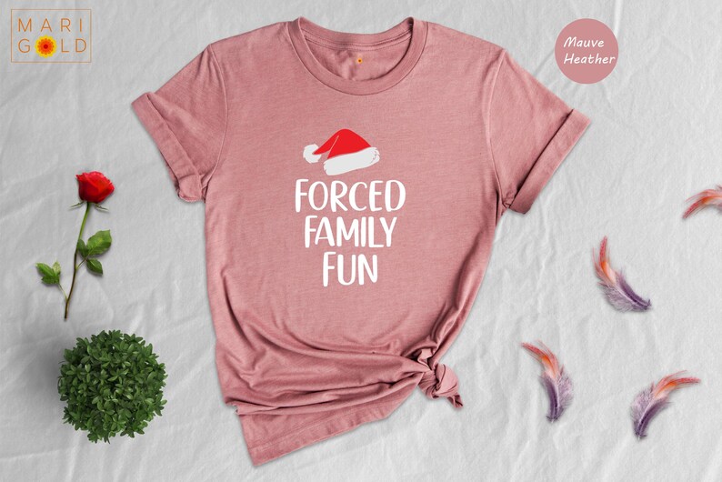 Sarcastic Christmas Family Tee: 'Forced Family Fun' Santa Hat Shirt image 7