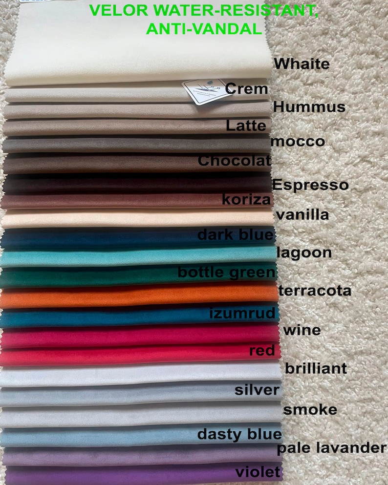 May include: A fabric swatch book displaying 14 different colours of velour fabric. The colours are: white, cream, hummus, latte, mocco, chocolate, espresso, vanilla, dark blue, lagoon, bottle green, terracotta, izumrud, wine, red, brilliant, silver, smoke, dusty blue, pale lavender, and violet. The fabric is water-resistant and anti-vandal.