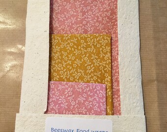 3 x mixed sizes beeswax food wraps 1 at 35cm x 35cm, 1 at 20cm x 20cm and 1 at 15 x 15 cm