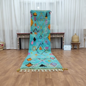 AMAZING CUSTOM RUNNER, Moroccan Handmade Runner Rug, Sheep Wool Rug, Blue Runner Rug, Tribal Berber Carpet, Authentic Abstract Runner Rug.