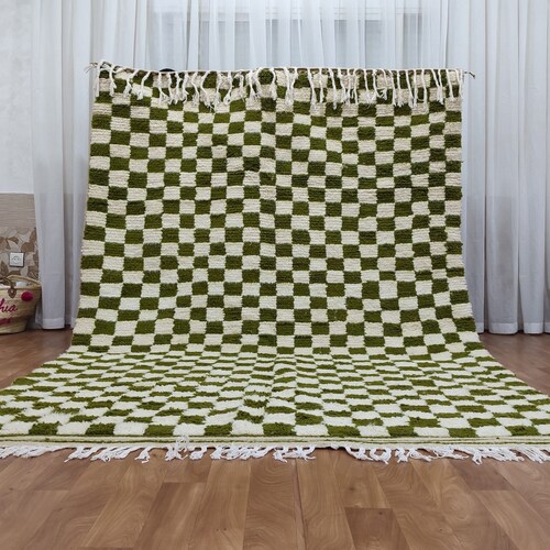 Large Green and White Checkered Rug Moroccan Berber Checkered Etsy