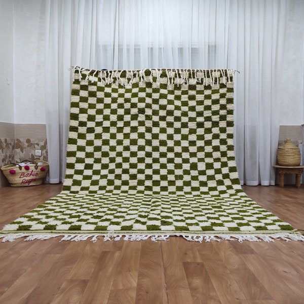 Alfombra grande a cuadros verde y blanco, alfombra a cuadros bereber marroquí, alfombra de área a cuadros -Alfombra de tablero de ajedrez -alfombra beniourain, alfombra de color suave