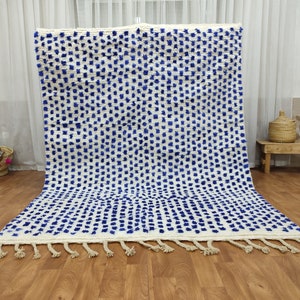 AMAZING CUSTOM RUG, Moroccan Beni Ourain Carpet, Handmade Berber Rug, Sheep Wool Rug, Authentic Dotted Rug, White And Blue Rug, Beni Carpet