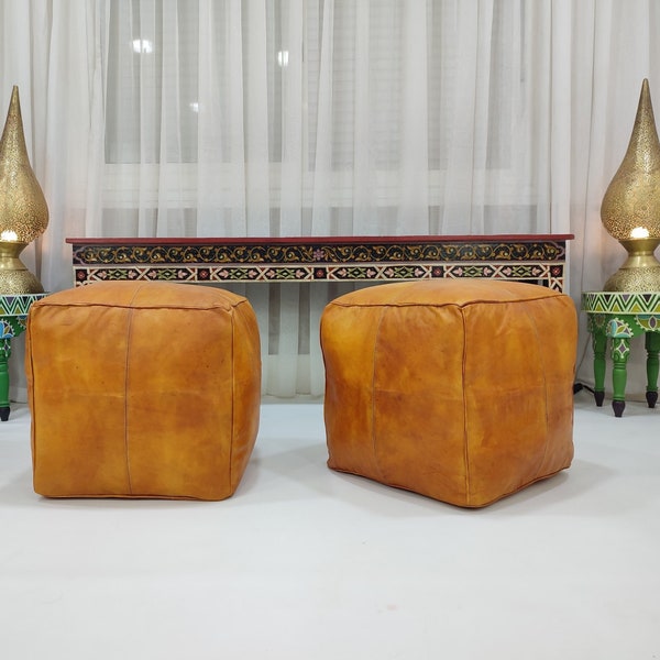 Amazing square Ottoman Pouffe Moroccan leather, ottoman square pouf, tan leather handmade footstool square pouffe Moroccan, Coffee Table