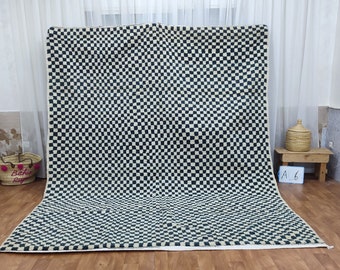 8x10 feet Vintage Moroccan Berber shaggy rug, Black and white Wool Checkered rug, Checkered rug, Checkerboard rug, Handmade Checkered rug