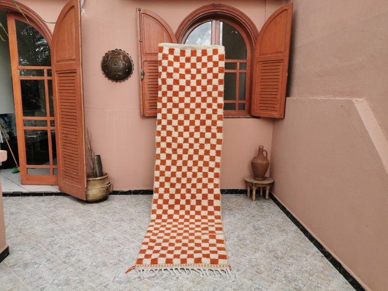 Custom Orange and white checker rug, Moroccan Berber checkered rug Checkerboard Runner Checkered Runner Free shipping image 7