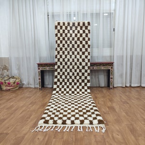 Großer Braun-weiß karierter Teppich, Marokkanischer Berber Teppich - Schachbrettläufer - Karierter Läufer - Beni Rug