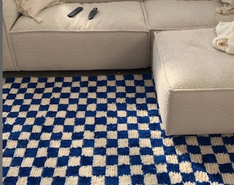 Large Blue and white Checkered rug, Moroccan Berber checkered rug, Checker board Rug, Sheep Wool Rug, Beniourain rug, Moroccan Handmade Rug.