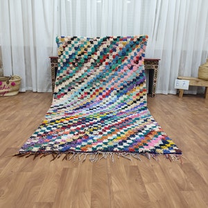 MOROCCAN BOUCHEROUITE RUG, Vintage Checkered Rug, Handmade Berber Rug, Authentic Cotton Rug, Colorful Handwoven Carpet, Tribal Checker Rug.