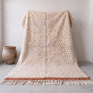 May include: A thick, cream-colored shag rug featuring a pattern of small, scattered rust-colored dots across its surface. The rug includes a wide, textured rust-colored horizontal band near the bottom edge, finished with long, knotted fringe tassels.