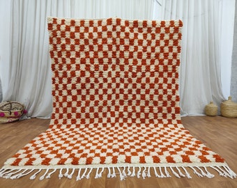 handmade rug for living room, Custom handmade Rug, cheeckered moroccan rug orange and white ,wool sheep rug ,Moroccan Area Rug ,