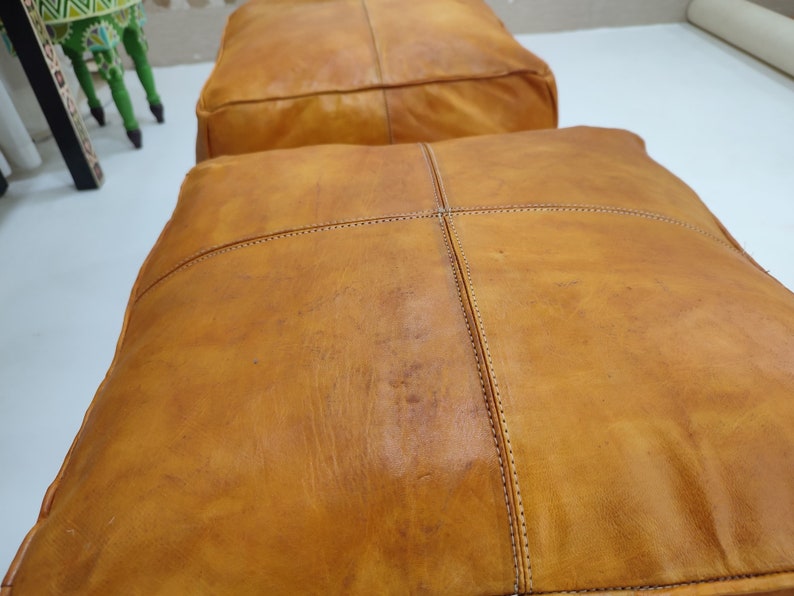 Handmade Tan Leather Moroccan Ottoman Pouf - Thumbnail 2