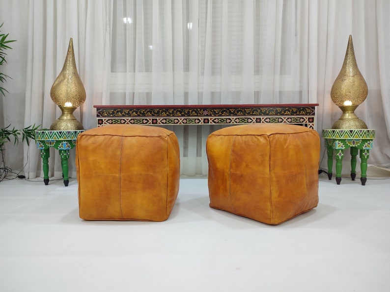 Handmade Tan Leather Moroccan Ottoman Pouf