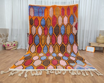 Handmade Moroccan Boujad Rug, Vintage Berber Wool Carpet, Colorful Boho Interior Decor