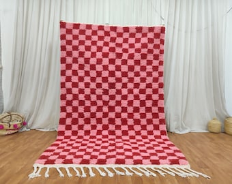 Handmade Moroccan Wool Rug – Pink and Red Checkered Berber Carpet