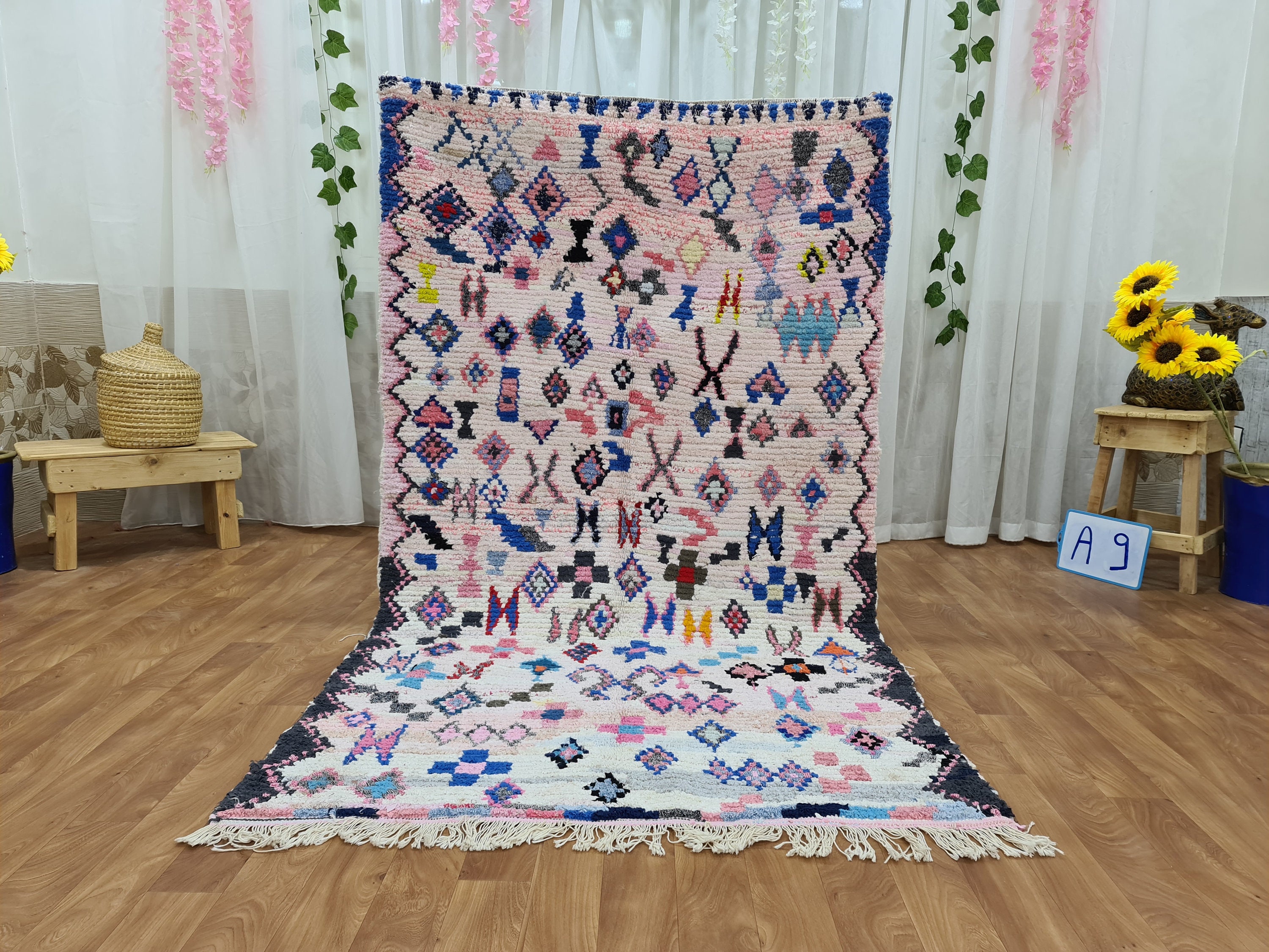 Tapis Boucherouite Vintage, Tapis Marocain 3.94 Pieds X 6.66 Pieds - Azilal Berbère- 120 cm 203 cm